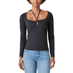 Lucky Brand Women's Ribbed Keyhole-Cutout Long-Sleeve Top Dark Gray Size L $60